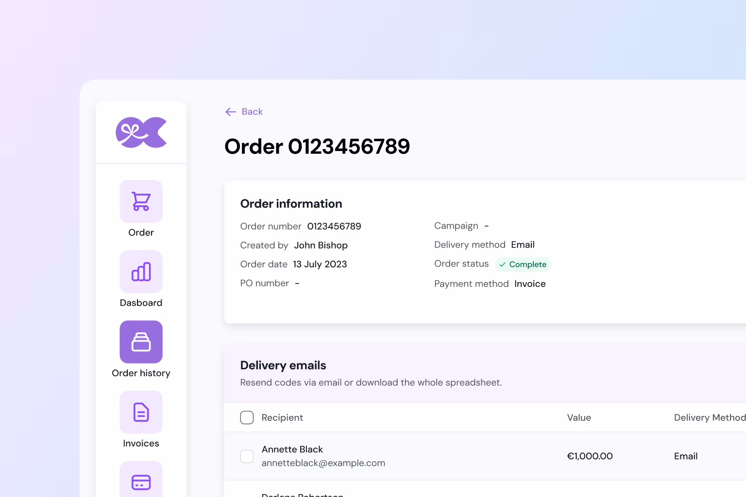 OptionsCard order history